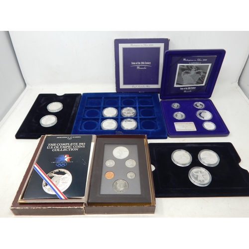 USA 1983 Olympic Proof Set, Masterpieces in Silver 2000 Australian set; USA 9 x various Silver commemorative coins and accessories (lot)