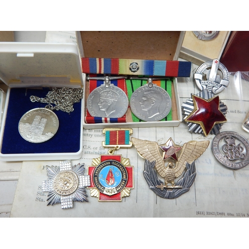 4 - 1939-45 WW11 medals with ribbons in original boxes with papers, box of costume jewellery, a German v... 