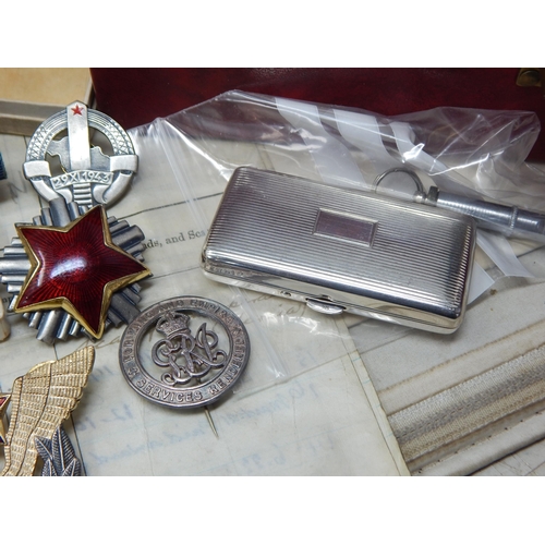 4 - 1939-45 WW11 medals with ribbons in original boxes with papers, Silver fob medal, box of costume jew... 