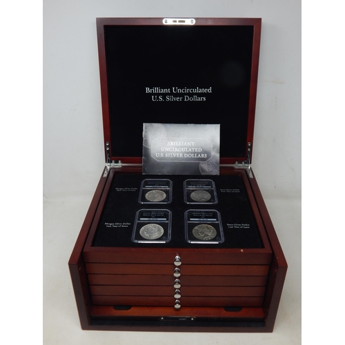 77 - Complete Collection of 28 Brilliant Uncirculated U.S Silver Dollars contained in a five drawer cabin... 