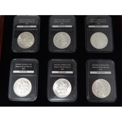 77 - Complete Collection of 28 Brilliant Uncirculated U.S Silver Dollars contained in a five drawer cabin... 