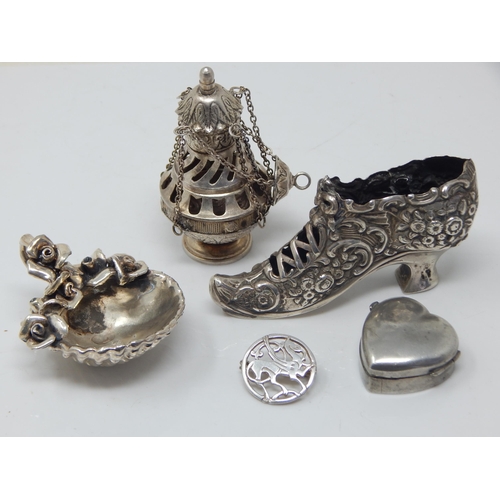 255 - A Quantity of Silver Including an Edwardian Shoe Pin Cushion Hallmarked Birmingham 1907, Heart Shape... 