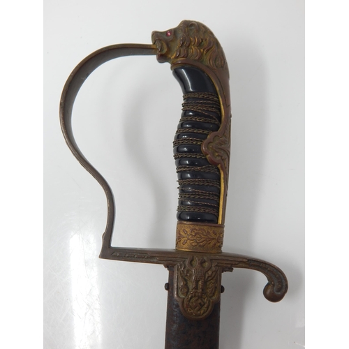 349 - WWII Third Reich German Officers Sword Having Knucklebow Hilt, Lion Mask Pommel with Red Glass Eyes ... 