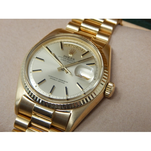 213A - Rolex: Gentleman's 18ct Gold Day Date 36mm Oyster Perpetual Wristwatch on 18ct Gold President Bracel... 