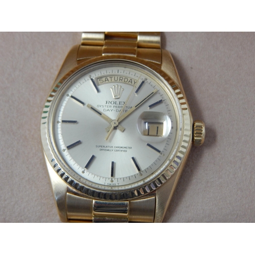 213A - Rolex: Gentleman's 18ct Gold Day Date 36mm Oyster Perpetual Wristwatch on 18ct Gold President Bracel... 