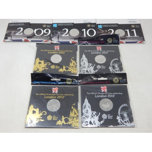 90 - Royal Mint Countdown to London 2012 Olympic Games £5 Coins in Packs of Issue (7)