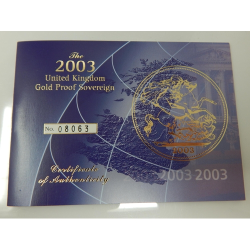 168 - QEII Full Gold Proof Sovereign 2003 in Case of Issue with Outer Box & COA