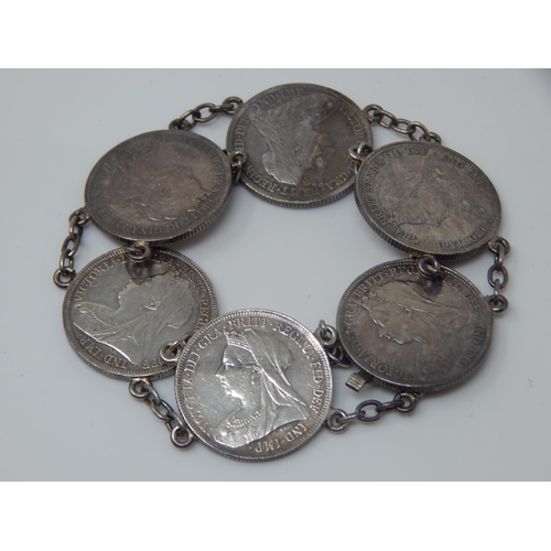 172 - Victorian Silver Bracelet Formed From Six Silver QV Shillings: Length 22cm: Weight 41.56g