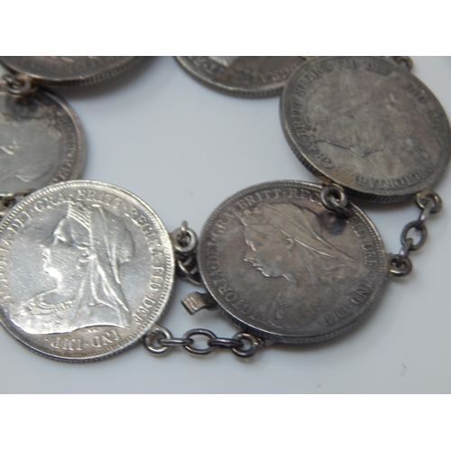 172 - Victorian Silver Bracelet Formed From Six Silver QV Shillings: Length 22cm: Weight 41.56g