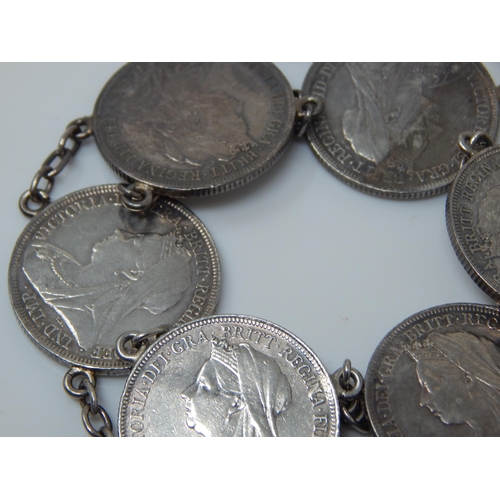 172 - Victorian Silver Bracelet Formed From Six Silver QV Shillings: Length 22cm: Weight 41.56g