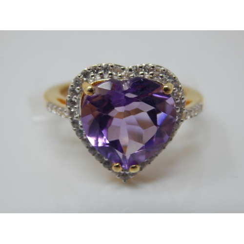 Gold on Silver Ring set with a Heart Shaped 7.48ct Amethyst & White Zircons: Ring Size N/O: Gross weight 5.25g