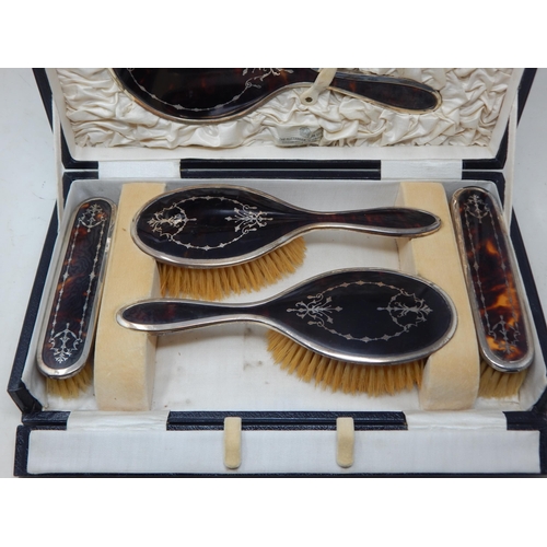 274 - Antique Silver & Tortoiseshell 5 Piece Dressing Table Set with Pique Silver Inlay in Fitted Case: Ha... 