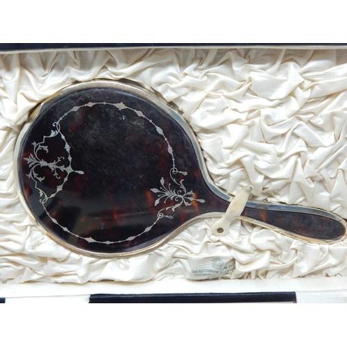 274 - Antique Silver & Tortoiseshell 5 Piece Dressing Table Set with Pique Silver Inlay in Fitted Case: Ha... 