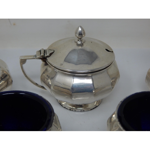 282 - Art Deco 5 Piece Silver Cruet Set Comprising 2 x Salts with Cobalt Blue Glass Liners, 2 x Pepperette... 