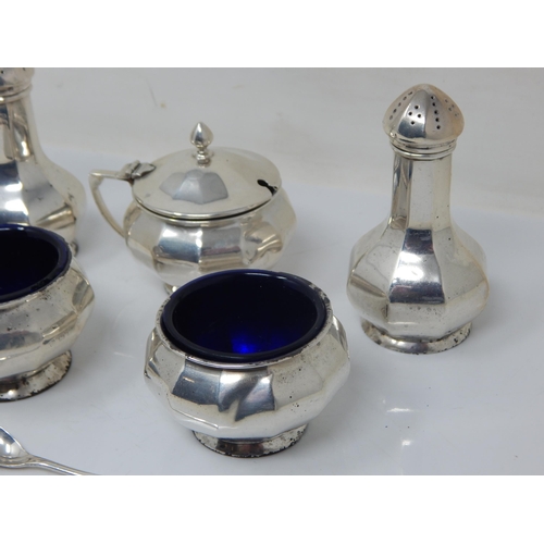 282 - Art Deco 5 Piece Silver Cruet Set Comprising 2 x Salts with Cobalt Blue Glass Liners, 2 x Pepperette... 