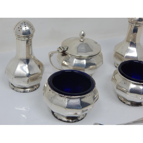 282 - Art Deco 5 Piece Silver Cruet Set Comprising 2 x Salts with Cobalt Blue Glass Liners, 2 x Pepperette... 