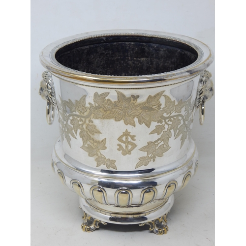 Antique Silver Plated Champagne Cooler with Twin Lion Mask Ring Handles: Height 24cm x 21.1cm diameter