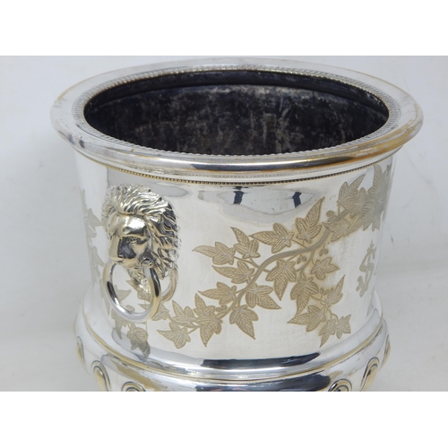 291 - Antique Silver Plated Champagne Cooler with Twin Lion Mask Ring Handles: Height 24cm x 21.1cm diamet... 