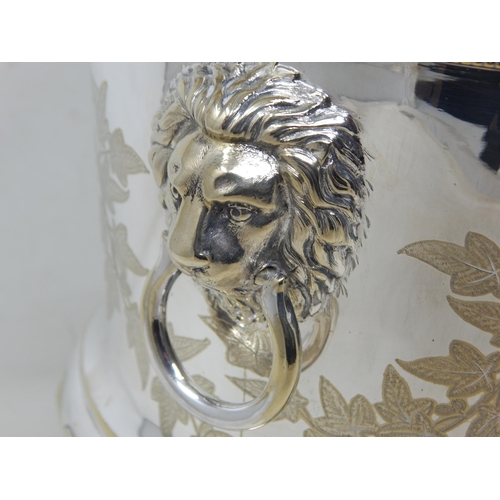 291 - Antique Silver Plated Champagne Cooler with Twin Lion Mask Ring Handles: Height 24cm x 21.1cm diamet... 