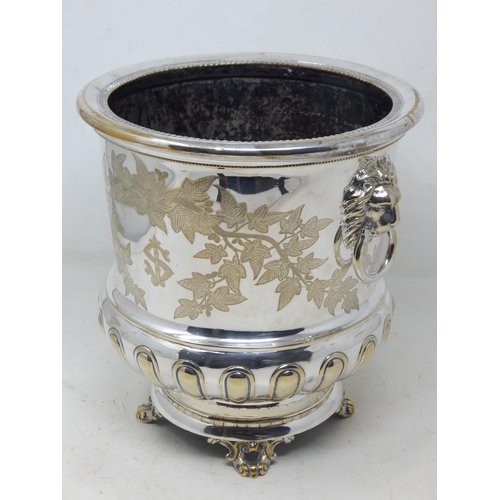 291 - Antique Silver Plated Champagne Cooler with Twin Lion Mask Ring Handles: Height 24cm x 21.1cm diamet... 