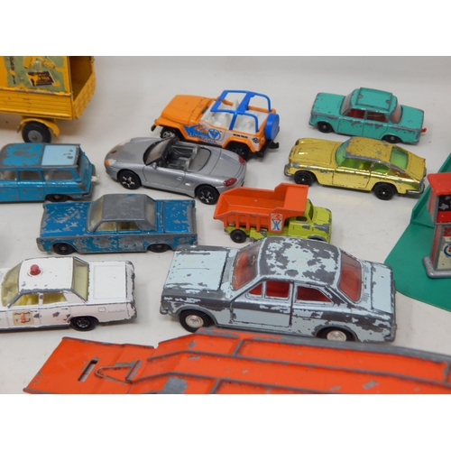 396 - A Box Full of Vintage Playworn Vehicles together with Playmat