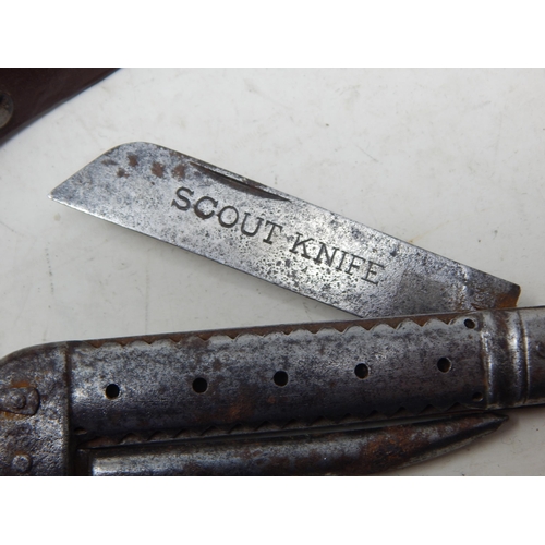 359 - Early 20th Century Scouts Leather Belt with Buckle, Original Scout Knife & Whistle