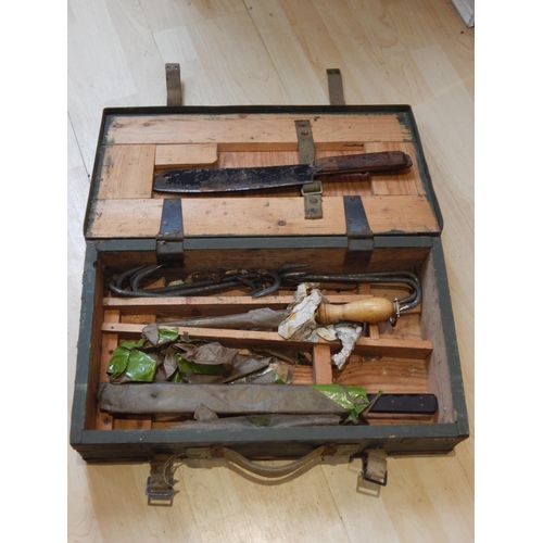 367 - A Military Butchers Kit in Original Wooden & Metal Banded Case with Webbing Handles.