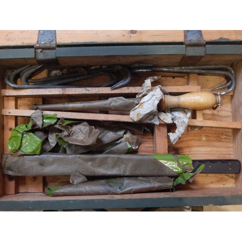 367 - A Military Butchers Kit in Original Wooden & Metal Banded Case with Webbing Handles.