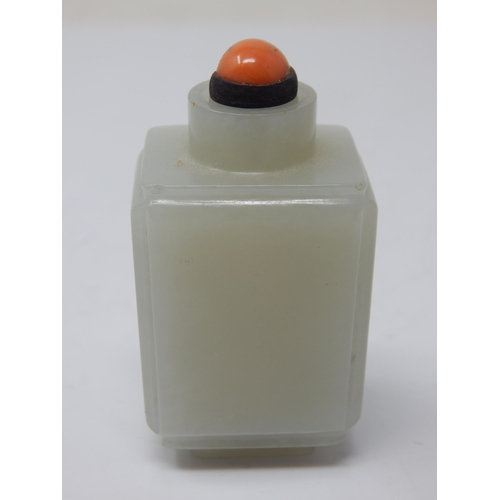 476 - C18th/19th Chinese Celadon Jade Snuff Bottle of Square Angular Form with Coral Stopper: From a Priva... 