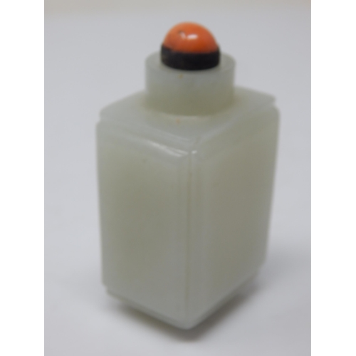 476 - C18th/19th Chinese Celadon Jade Snuff Bottle of Square Angular Form with Coral Stopper: From a Priva... 