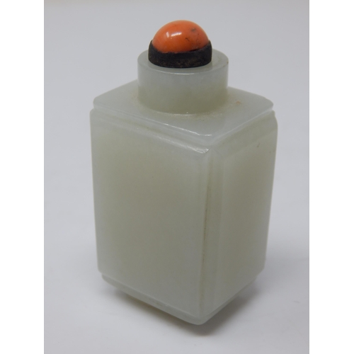 476 - C18th/19th Chinese Celadon Jade Snuff Bottle of Square Angular Form with Coral Stopper: From a Priva... 