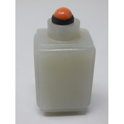 476 - C18th/19th Chinese Celadon Jade Snuff Bottle of Square Angular Form with Coral Stopper: From a Priva... 
