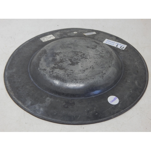 90 - Charles II Pewter Broad Rimmed Plate c.1660 by Roger Willoughby: Diameter 28.6cm