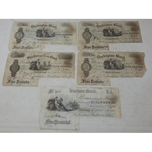 65 - Group of 5 x Darlington Bank white £5 notes all dated 1870s -1880s (lot) Fair condition