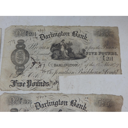 65 - Group of 5 x Darlington Bank white £5 notes all dated 1870s -1880s (lot) Fair condition