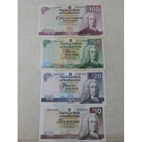 71 - The Royal Bank of Scotland collection of 4 x Banknotes £100, £50, £20 and £10 (total face value £180... 