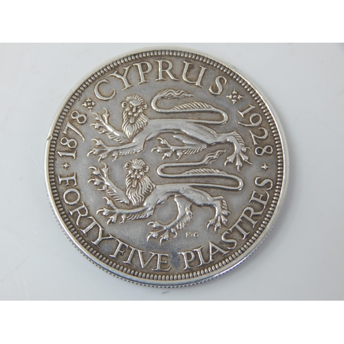 99 - Cyprus Silver 45 Piastres 1928 scarce, signs of historical cleaning, Very Fine or better, scarce