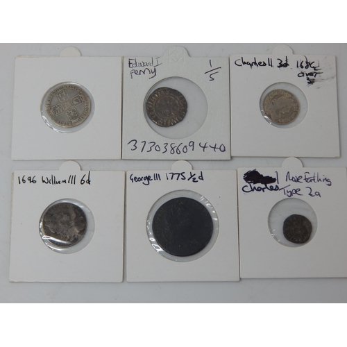 83 - Charles I Rose Farthing Type 2a; Charles II 3d 1684 over 3; George III Halfpenny 1775; William III S... 
