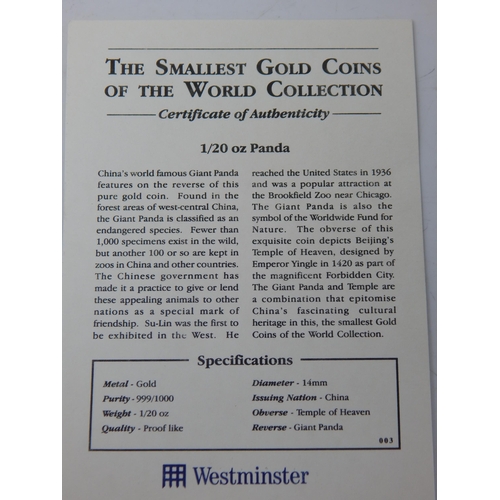 100 - China 1/20 ounce Panda 999 Fine Gold with COA