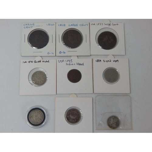 77 - USA Large Cents 1818, 1820, 1837; Indian Head Cent 1893; 5 Cents 1867, 1869, 1870, 1874, Dime 1944 (... 