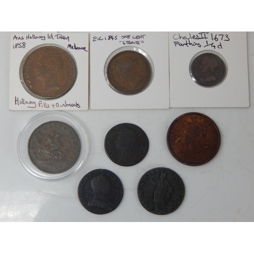 78 - Charles II Farthing 1673, George III Halfpenny 1775; George II Hibernia Halfpenny 1742; Bank of Uppe... 