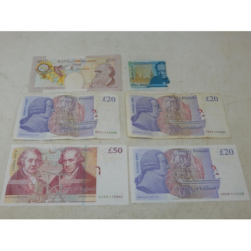 73 - Bank of England £50 note, 3 x £20 notes and a £10 note plus £5 note (torn in half) total face value ... 