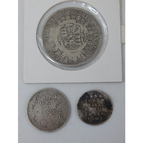 81 - George III Large Head Silver Halfcrown 1817; Ireland Silver Ten Pence Bank Token 1806; Five Pence Ba... 