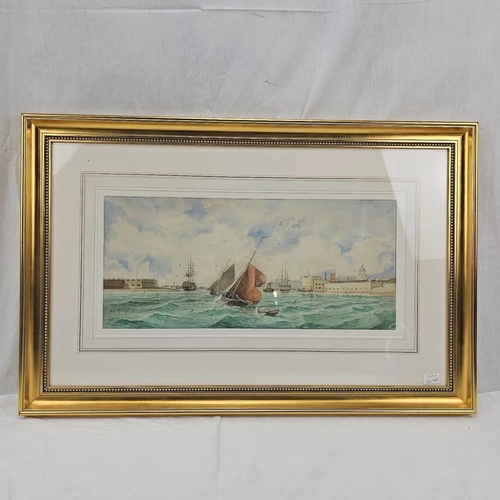 19th Century William E. Atkins Watercolour Sailing Barges Entering Portsmouth: measures overall 86cm x 55cm