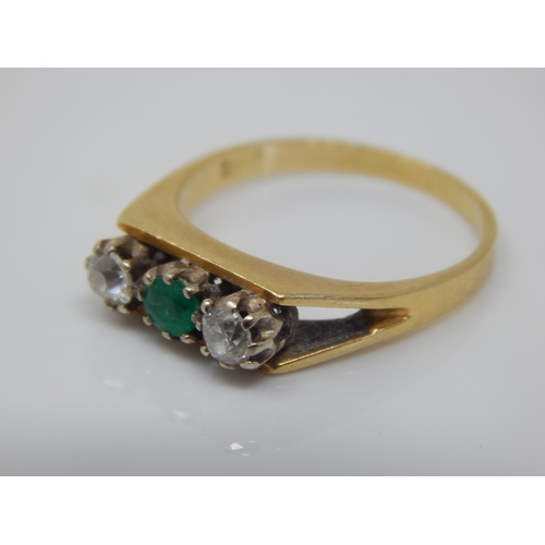 2 - 18ct Gold Emerald & Diamond Three Stone Ring: Size P: Weight 4.31g