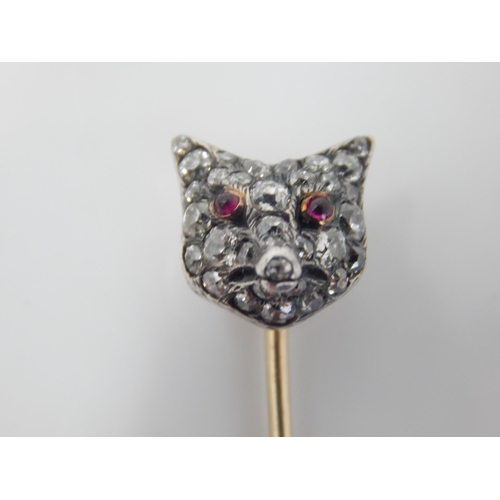 4 - Victorian Gold & Diamond Fox Head Stick Pin Set with 25 Graduated Round, Old Mine Cut & Rose Cut Dia... 