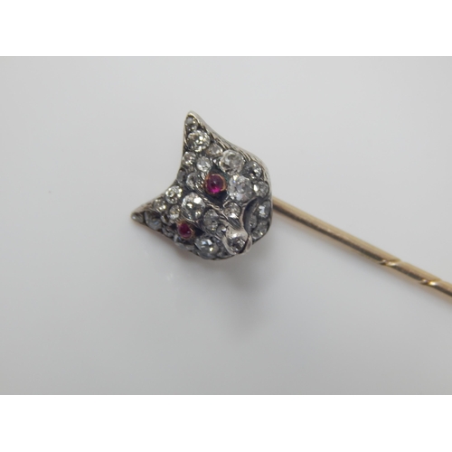 4 - Victorian Gold & Diamond Fox Head Stick Pin Set with 25 Graduated Round, Old Mine Cut & Rose Cut Dia... 