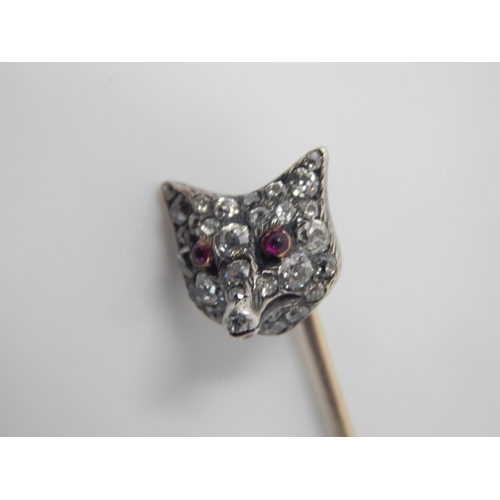 4 - Victorian Gold & Diamond Fox Head Stick Pin Set with 25 Graduated Round, Old Mine Cut & Rose Cut Dia... 