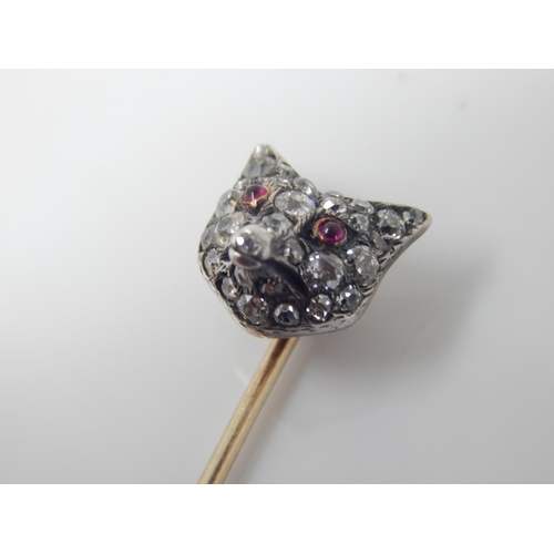 4 - Victorian Gold & Diamond Fox Head Stick Pin Set with 25 Graduated Round, Old Mine Cut & Rose Cut Dia... 