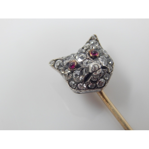 4 - Victorian Gold & Diamond Fox Head Stick Pin Set with 25 Graduated Round, Old Mine Cut & Rose Cut Dia... 